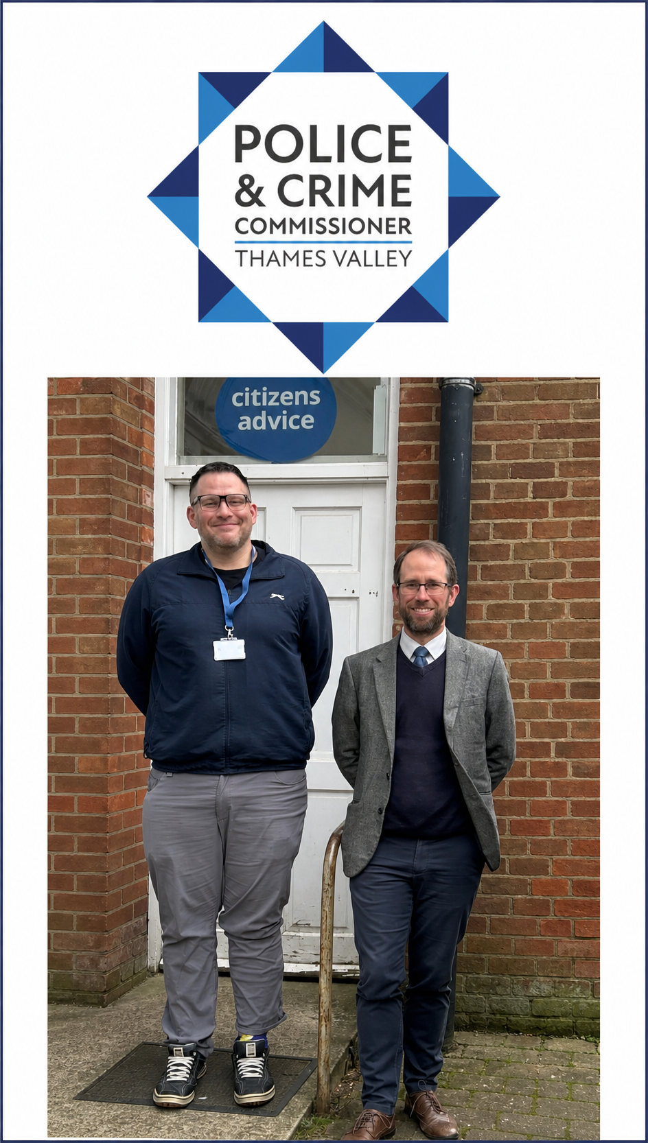 Thames Valley Police and Crime Commissioner logo above Scott Lawrence Pileckas with Commissioner Matt Barber